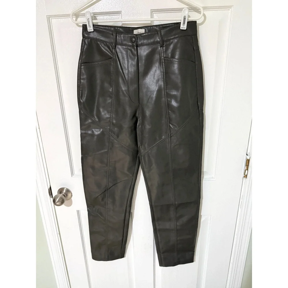 Wilfred Aritzia Rebel Pant Dark Olive Brown‎ Vegan Leather High Rise Tapered 8